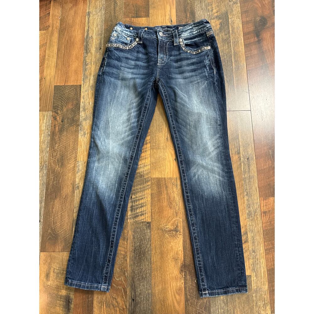 Miss Me Relaxed Skinny Jeans Size 29 Flap Pocket Bling Embroidered Studded